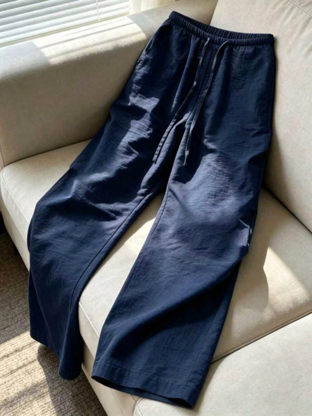 Navy Blue Casual Women's Linen Style Wide Leg Pants - Picture 6 of 6